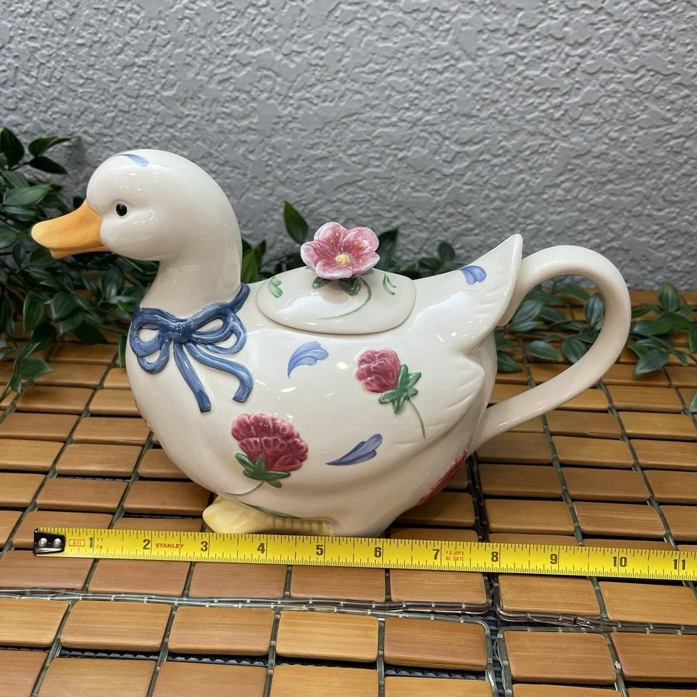 Vintage Lenox Poppies on Blue Barnyard Duck Teapot 1998 Retired Cottagecore 6.5